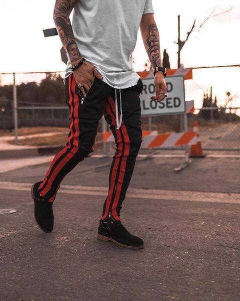 

2020 new high street fashion brand autumn sports trousers two bars color matching zipper men's trousers foot pants1, Black