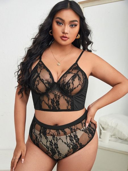 

plus floral lace underwire lingerie set 22zy#, Black;white