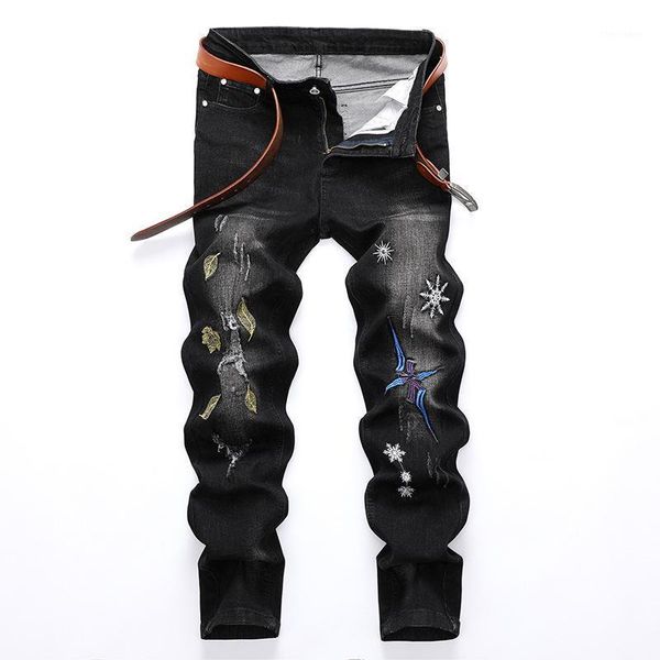 

men's jeans spring and autumn men's clothing stretch slim straight pants embroidery personality man fashion casual cowboy trousers, Blue