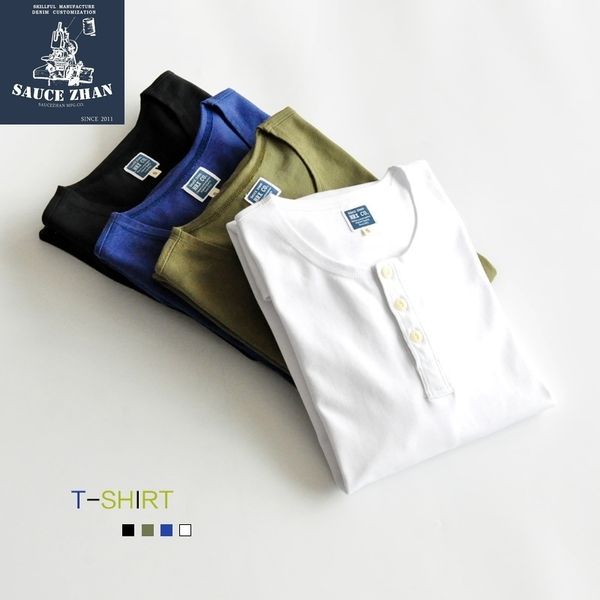 

saucezhan thick full t-shirt cotton men's summer slim fit t-shirt casual henry collar tshirt 201202, White;black