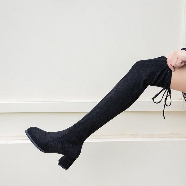 

brand women's shoes thigh-high boots booties ladies boots-women lace up fashion over-the-knee rubber 2020 pointy high heel, Black