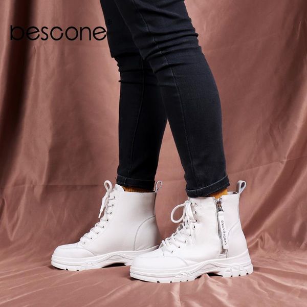 

boots bescone women shoes leisure sport genuine leather ladies ankle round toe zipper lace-up white comfortable wz02, Black