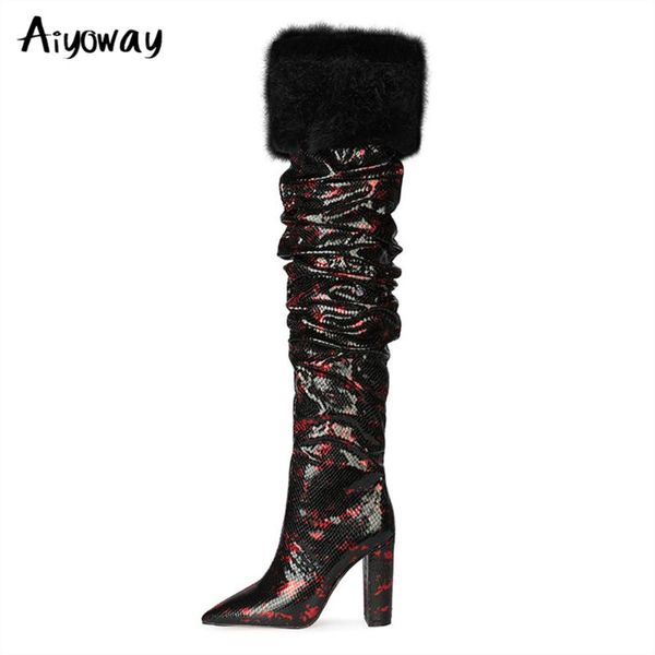 

aiyoway 2020 new fashion pleated women boots pu leather long boots pointed toe high heel dress party autumn winter ladies shoes, Black