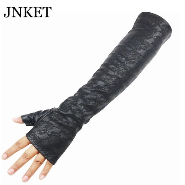 

jnket long sleeved leather gloves ladies winter fashion lace design pu leather gloves windproof warm driving, Blue;gray