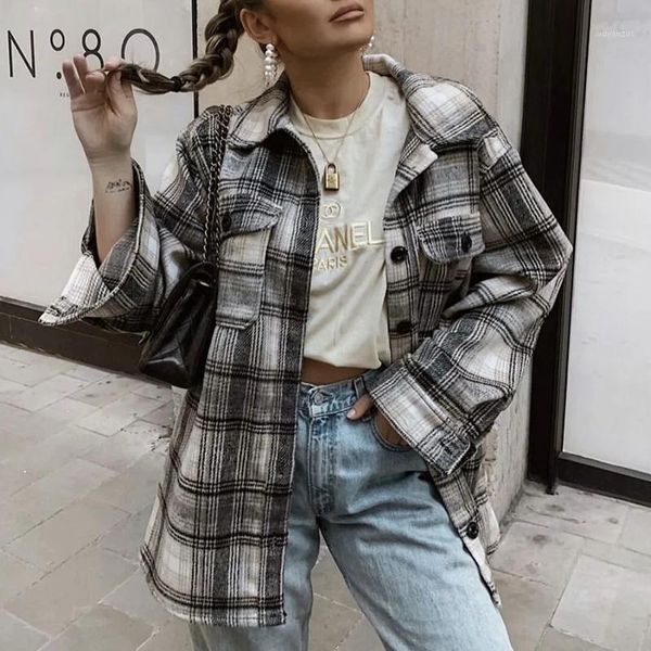 

mosimolly cool plaid shirt coats women 2020 trendy winter overcoats outerwear streetwear oversize shirt 1, Black