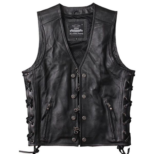 

2021 black men genuine motorcycle leather vest plus size xxxxl cowhide slim fit short chains biker's leather vest ing