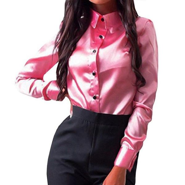 

women long sleeve fabala ladies blouse office wear satin turn-down collar elegant button-down autumn shirt, White