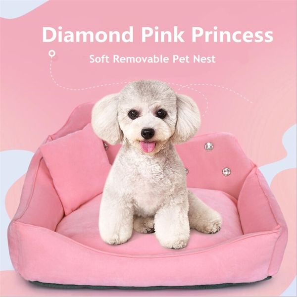 Princess Pet Nest Luxury Diamond Riamon Pink No Pilling Dog Bed Кровать влаги Доказательство против скольжения Pet Pad Съемная легкая уборка собаки Cat Sofa 201123