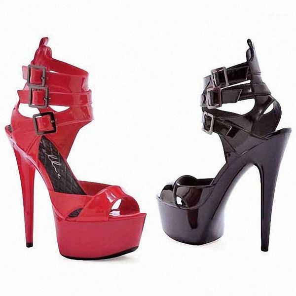 

crazy2021 hattian and thin heel waterproof platform hollow bag with fish mouth lacquer leather sandals 15cm super high heels1, Black