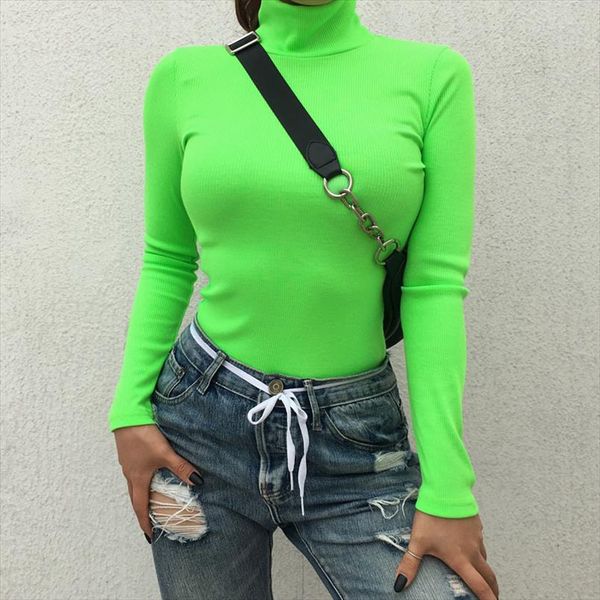 

neon clothes turtleneck neon long sleeve green yellow pink women ladies tee shirt manche longue femme christmas shirt, White