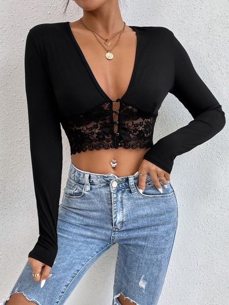 

plunging neck contrast lace crop tee b2dv#, White