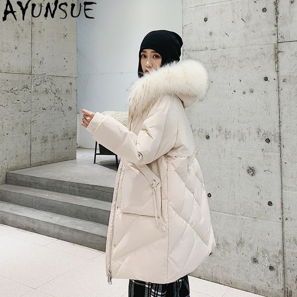 

ayunsue women's jacket winter 90% white duck down jackets woman natural raccoon fur collar hooded parkas long coats casaco tn212, Black