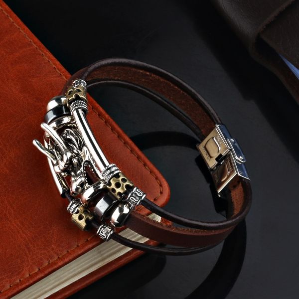 

ayr7e dragon head bracelet genuine braceletornament korean version individual popular leather rope hand alloy gold braceletbracelet gold lea, Golden;silver