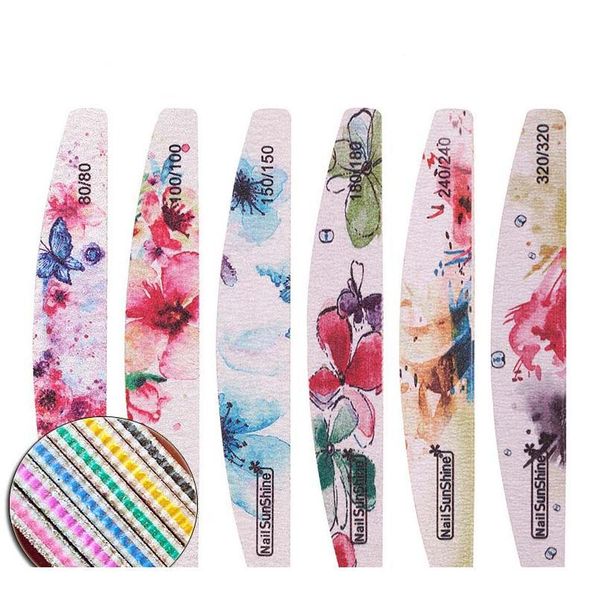 

5pcs half moon nail file flower printed nail buffer colorful lime a ongle 80/100/150/180/240/320 washable file manic jlldrm