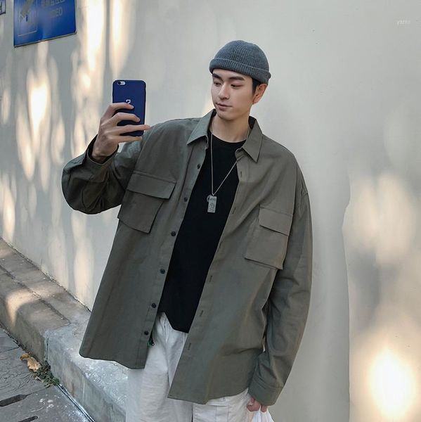 

2020 spring and autumn new youth popular solid color three-dimensional pocket long-sleeved shirt fashion casual loose shirt1, White;black