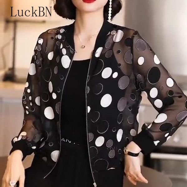 

women's jackets chiffon black polka dot thin sunscreen women 2021 summer casual long-sleeved baseball uniform jacket spring and autumn, Black;brown