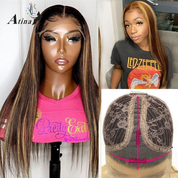 

lace wigs highlight hd transparent wig 6inch deep part brown and honey blonde colored straight human hair brazilian remy, Black;brown