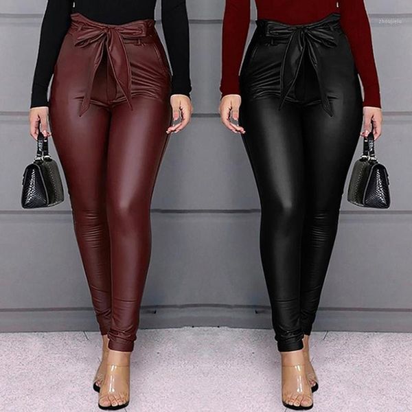 

women pu leather leggings casual pants elegant stretch slim pencil trousers high waist bow sashes legging1, Black
