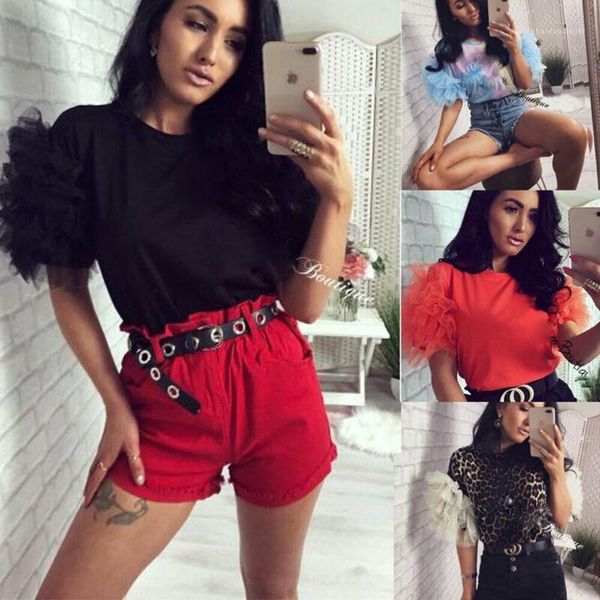 

women blouse 2020 new autumn tulle ruffle short sleeve shirt ladies loose casual round collar leopard print shirt new1, White