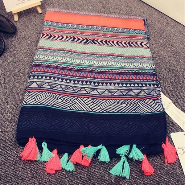 

kyqiao ethnic head scarf 2020 designer hijab scarf womens scarfs spain style bohemian hippie geometric pattern tassels scarf t200407, Blue;gray