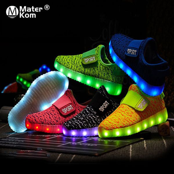 

size 25-37 usb recharge hook loop children's glowing sneakers kids led luminous shoes, Black;red