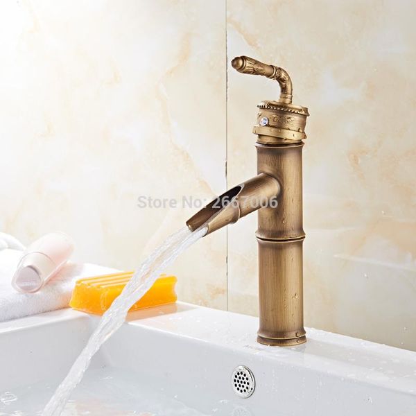 

gizero vintage bamboo shape faucets antique copper carved bathroom basin sink faucet waterfall spout vanity mixer taps gi38a