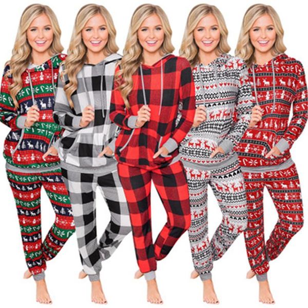

women plaid christmas sets fashion trend long sleeve drawstring pocket hoodies trousers suits designer female winter loose casual tracksuits, Gray