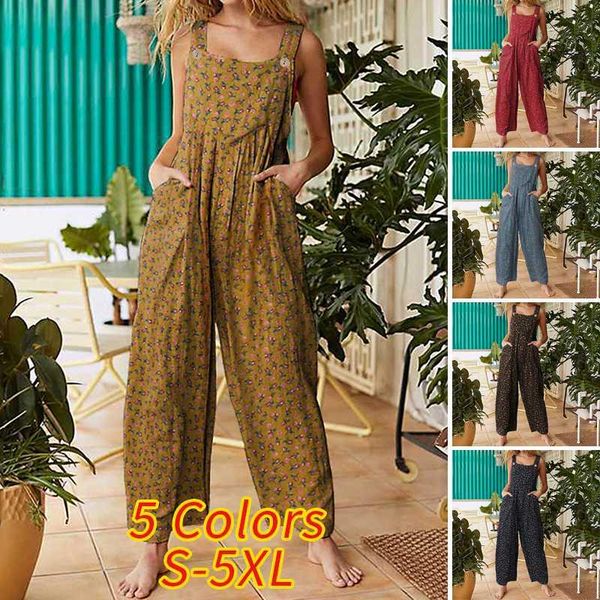 

vonda women rompers vintage floral print long jumpsuits loose suspenders pantalon wide leg pants femme casual office overalls, Black;white