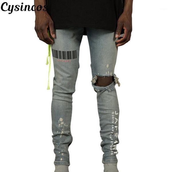 

cysincos men holes letter jean 2019 new fashion high street motorcycle biker jeans men hip hop ripped slim jeans pants1, Blue