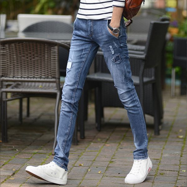 

fall 2020 feet cultivate one's morality men's jeans stretch tight hole patch cowboy teenagers, Blue