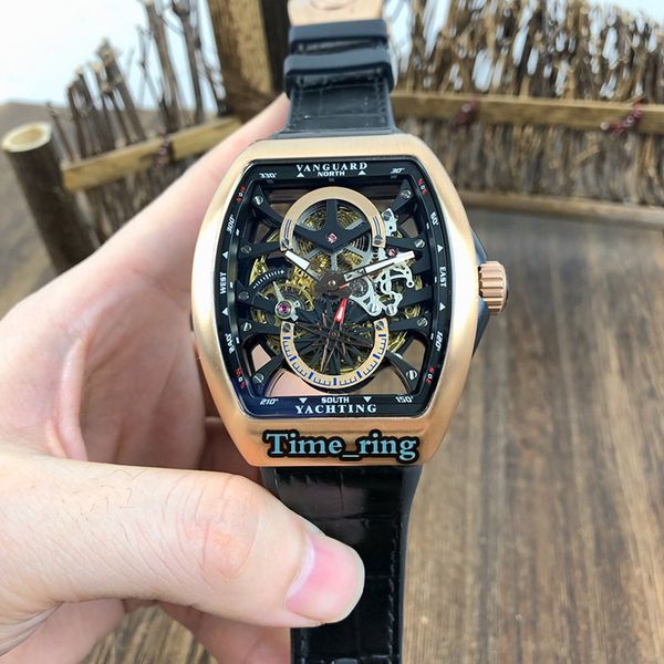 

version v 45 s6 pr sqt skeleton dial rose gold steel case automatic mechanical movement mens watch black leather strap luxry watches, Slivery;brown