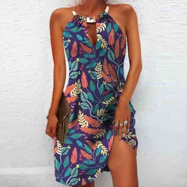 

summer elegant floral print party dress women vintage iron chain halter hollow out dress ladies sleeveless beach, Black;gray