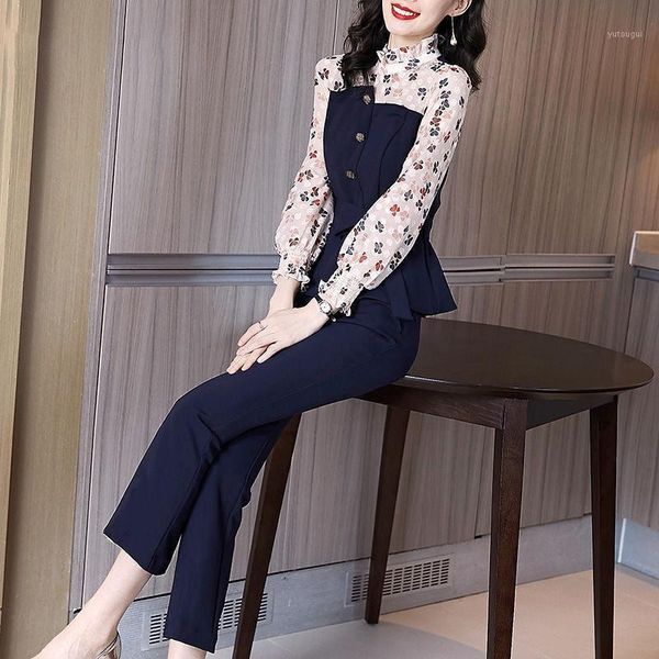 

2021 new style autumn western style large size fat mm temperament thin floral chiffon shirt pants two-piece suit female trend1, White