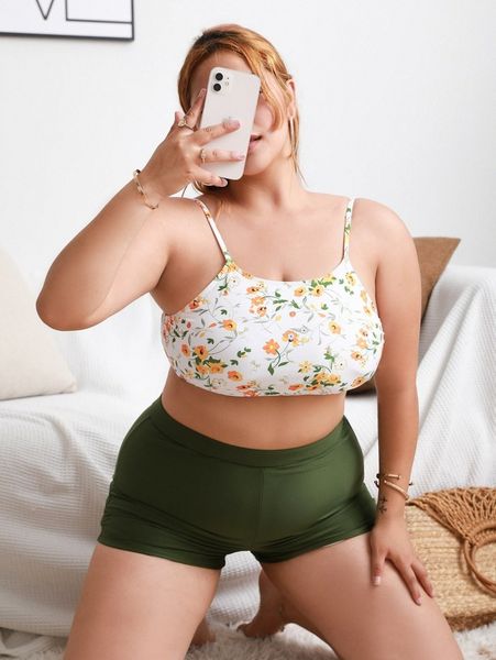 

plus floral shorts bikini swimsuit q8w8#, Black