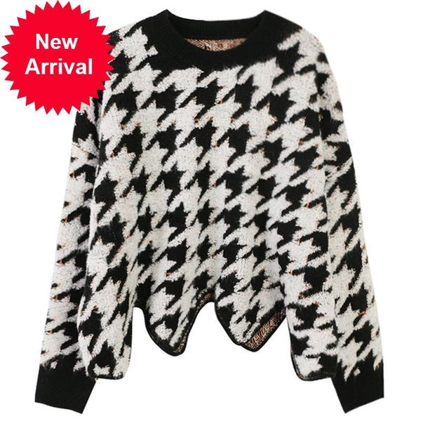 

2021 new fancy jagged de-neck black houndstooth embroidered pullover winter, White;black