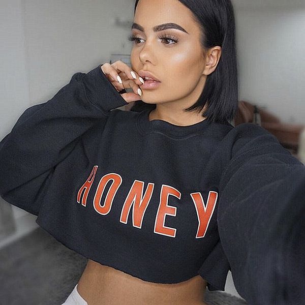 

chic fashion lady casual print honey long sleeve baggy hoodie streetwear crop 201202, Black