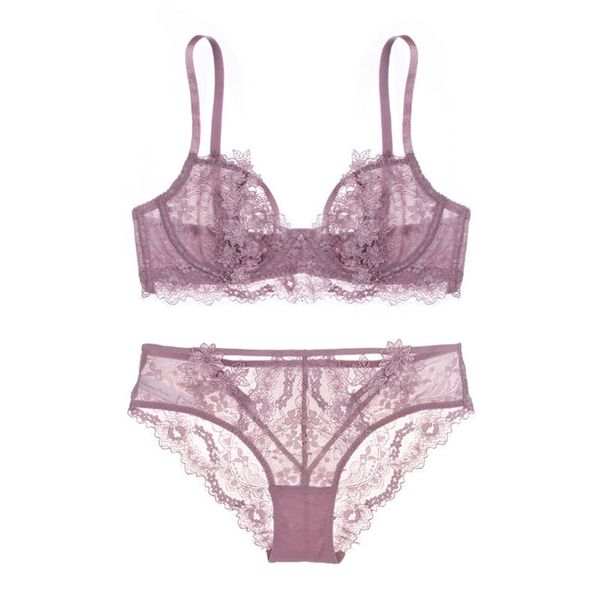 Sexy laço ultra fino sutiã com bordado bordado conjuntos de sutiã oco conjunto de roupas íntimas transparentes mulheres lingerie tamanho grande a b c copa y200708