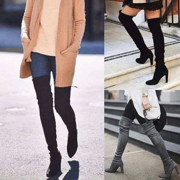 

2020 new flock leather women over the knee boots lace up high heels autumn shoes winter women boots size 35-43 #fz8x, Black