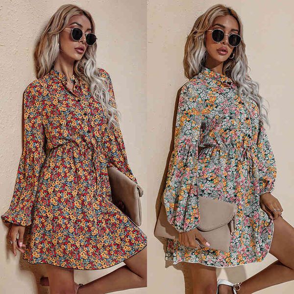 

summer womens dress ins print high waist lace floral chiffon dress elegant lady long sleeve elastic waist dresses, Black;gray