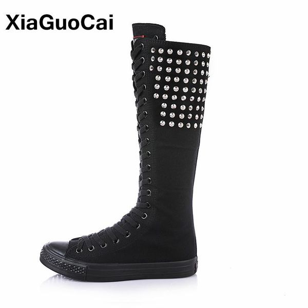 

осень зима женщины boots rivet high top mid-теленок женская обувь холст обувь длинные сапоги стороны молнии высокого качества способа, Black