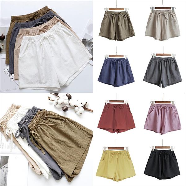 

women female casual solid color cotton linen shorts ladies summer high waist loose elastic drawstring club holiday short pants, White;black