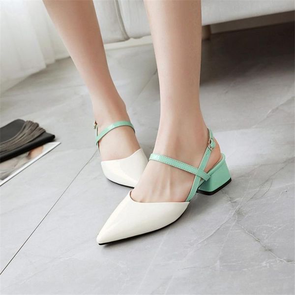 

pxelena 2020 spring summer mixed colors slingbacks pointy toe chunky mid heels sandals office lady dating shoes woman large size, Black