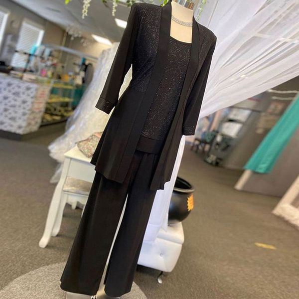 Siyah Payetli Anne Gelin Pantolon Suits Uzun Ceketler Bateau Boyun Düğün Konuk Elbise Artı Boyutu Anneler Damat Elbiseler