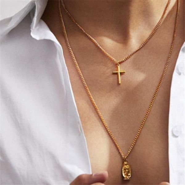 

luokey vintage religious jesus cross necklace collier femme gold color multi-layer necklace colares statement party jewelry 2020, Silver