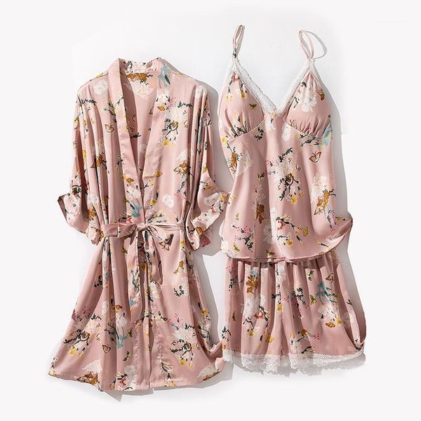 

women's sleepwear women satin nightwear 3pcs dress bathrobe summer flower print daily casual lounge comfortable femme lace pajamas1, Black;red