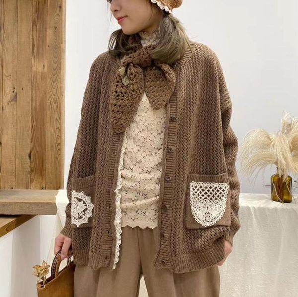 

2020 autumn new mori girl all-match artistic retro lace sweater cardigan jacket women zm, White