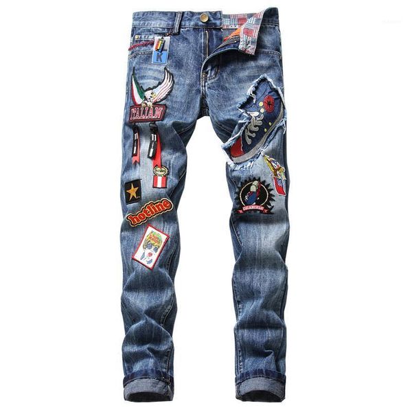 

men's eagle hawk badge patch design jeans fashion flag embroidery patchwork slim straight denim pants1, Blue