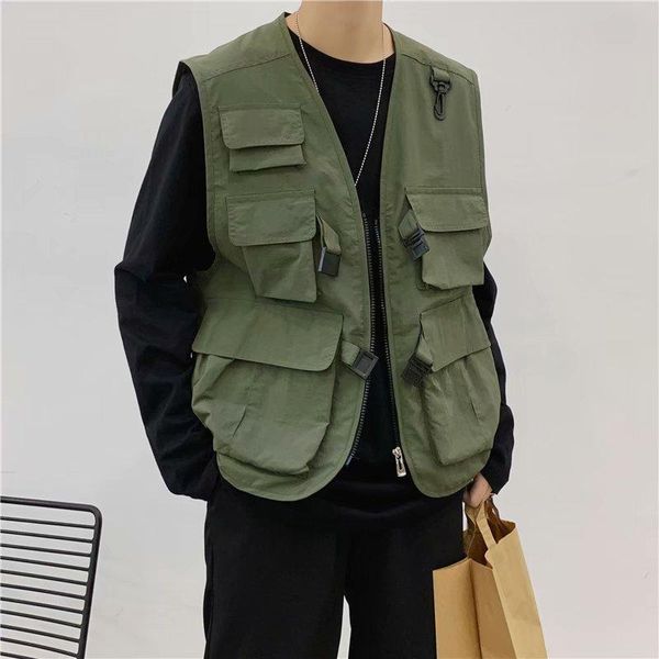 

men's vests original japanese trendy brand functional tactical tooling multi-pocket rap vest trend thin net red waistcoat, Black;white