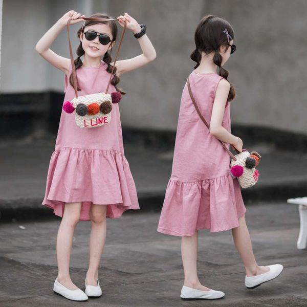 

middle cotton drs hemp school summer loose beach girls' breathable vt short skirt children's korean version, Red;yellow