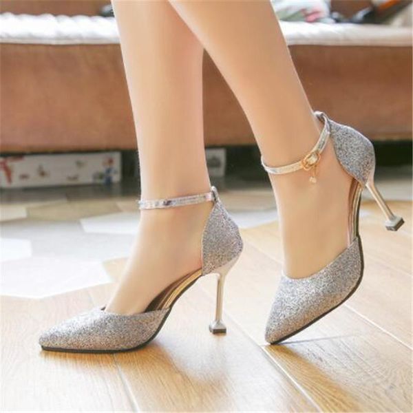 

wedding shoes female pointed shallow mouth lace single shoes wedding bridesmaid banquet sequins silver high heels, Black